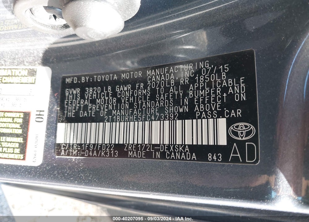 2015 TOYOTA COROLLA S PLUS VIN: 2T1BURHE5FC473392