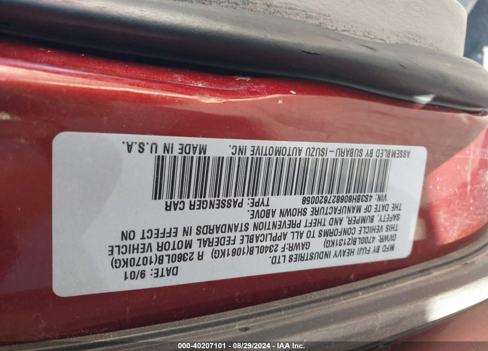 2002 SUBARU OUTBACK VIN: 4S3BH806827620058