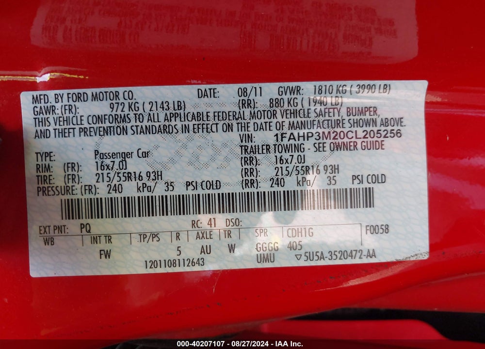 2012 FORD FOCUS SEL VIN: 1FAHP3M20CL205256