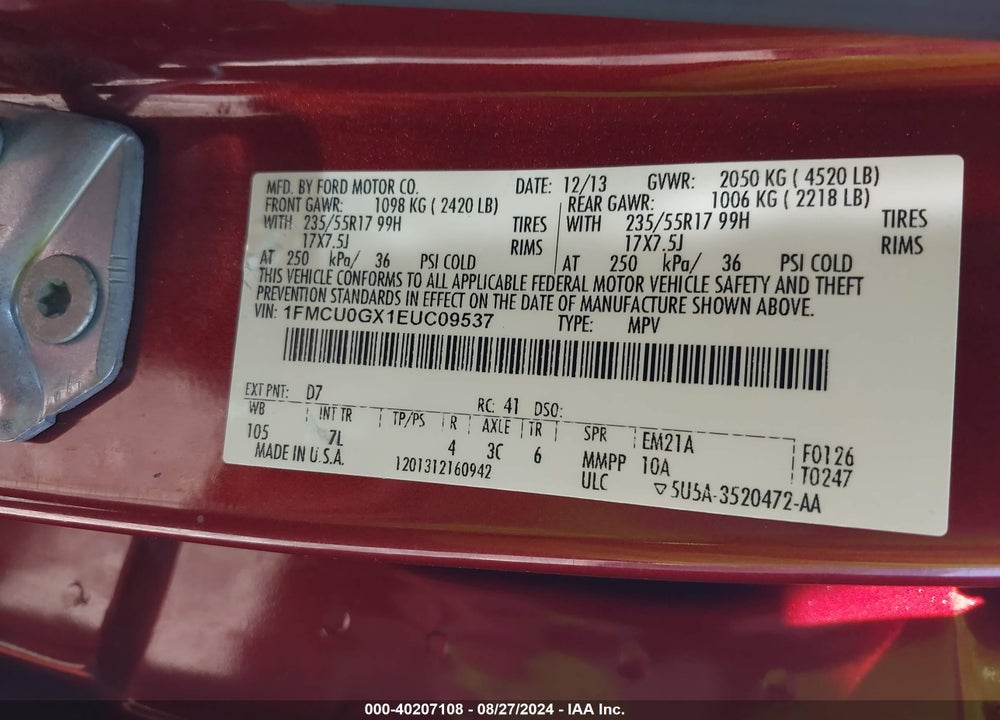 2014 FORD ESCAPE SE VIN: 1FMCU0GX1EUC09537