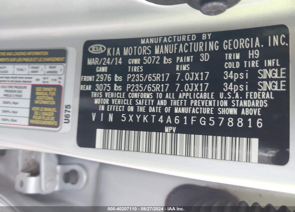2015 KIA SORENTO LX VIN: 5XYKT4A61FG578816