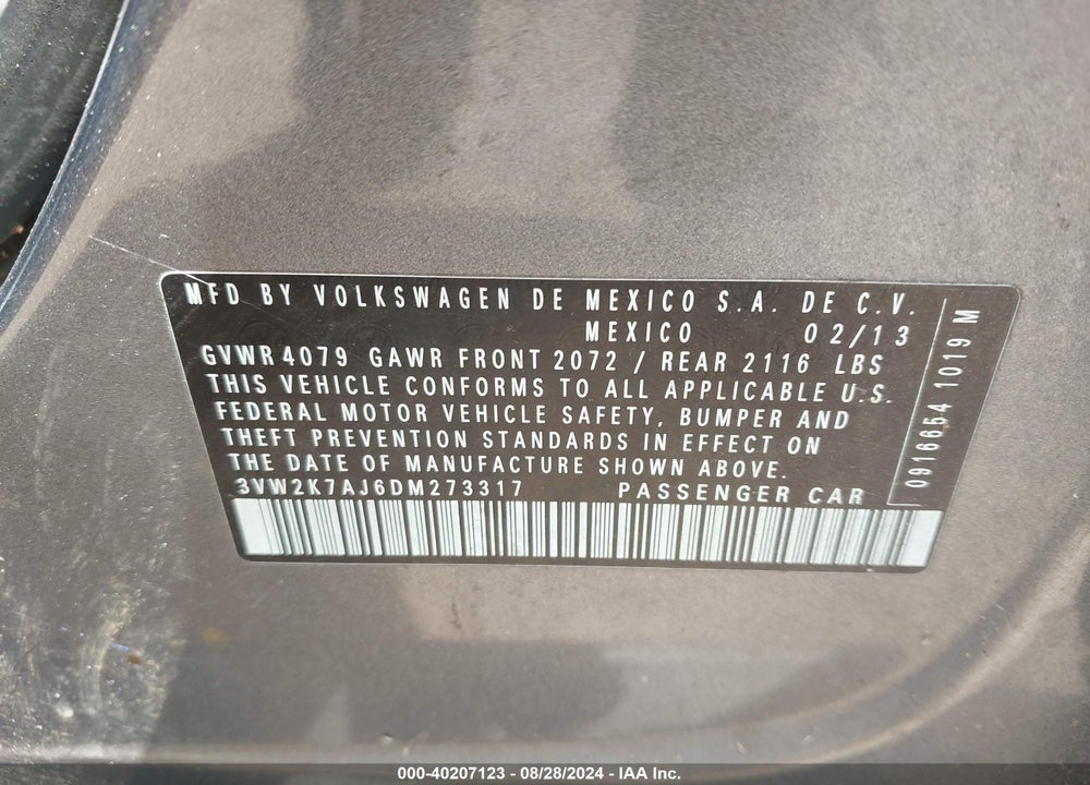 2013 VOLKSWAGEN JETTA 2.0L S VIN: 3VW2K7AJ6DM273317