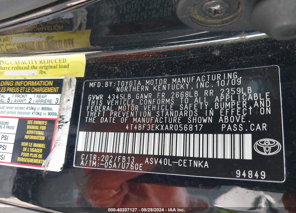 2010 TOYOTA CAMRY VIN: 4T4BF3EKXAR056817
