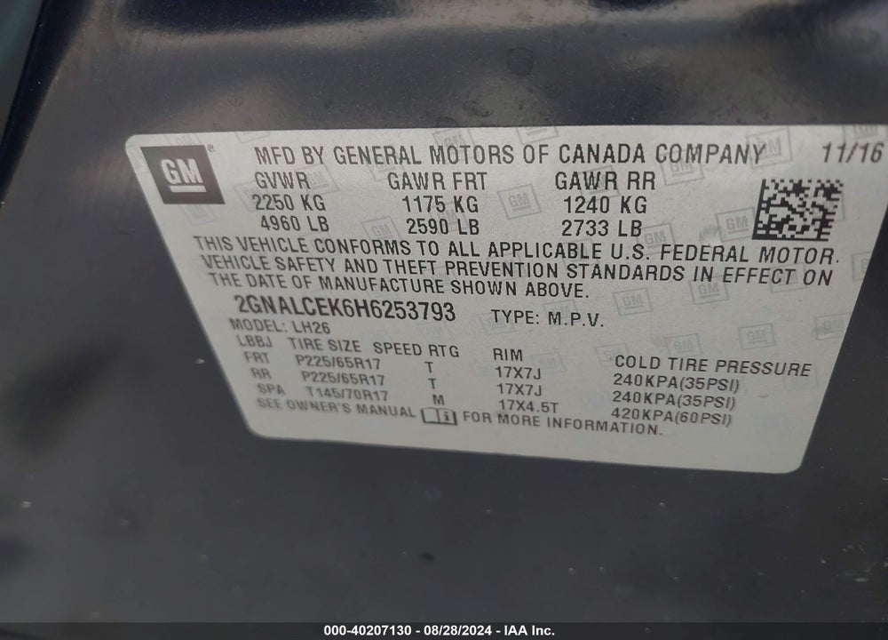 2017 CHEVROLET EQUINOX LT VIN: 2GNALCEK6H6253793