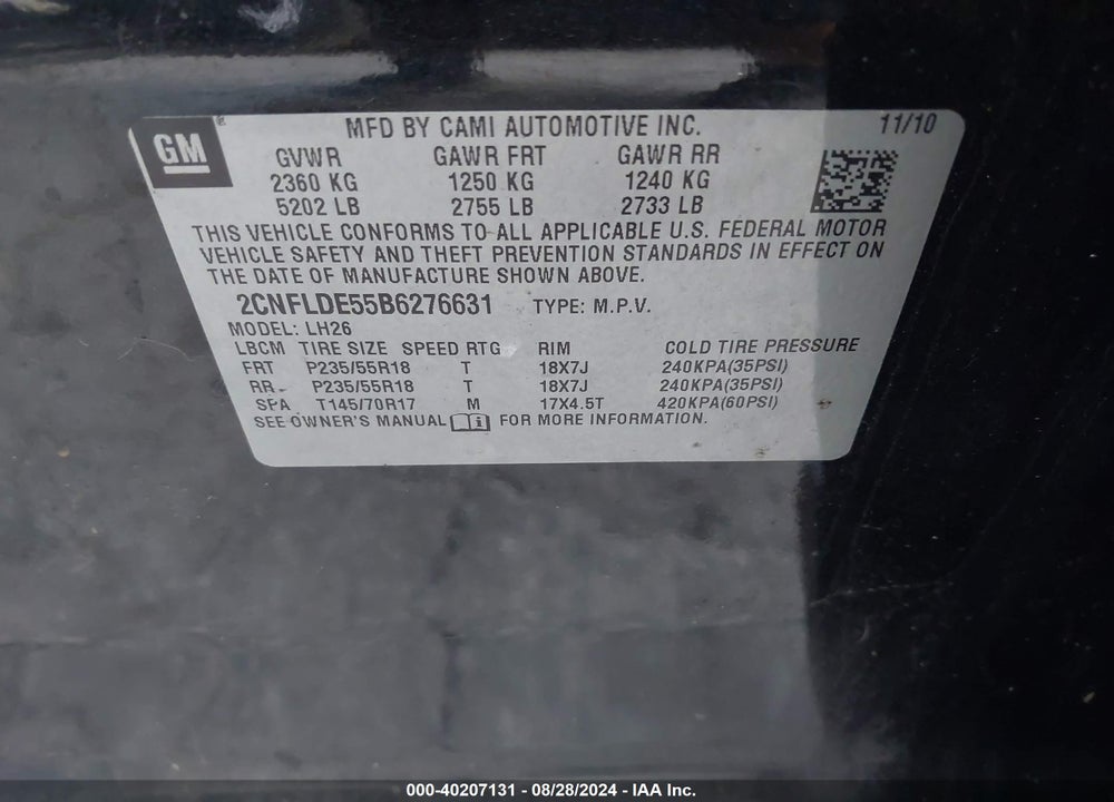 2011 CHEVROLET EQUINOX 1LT VIN: 2CNFLDE55B6276631
