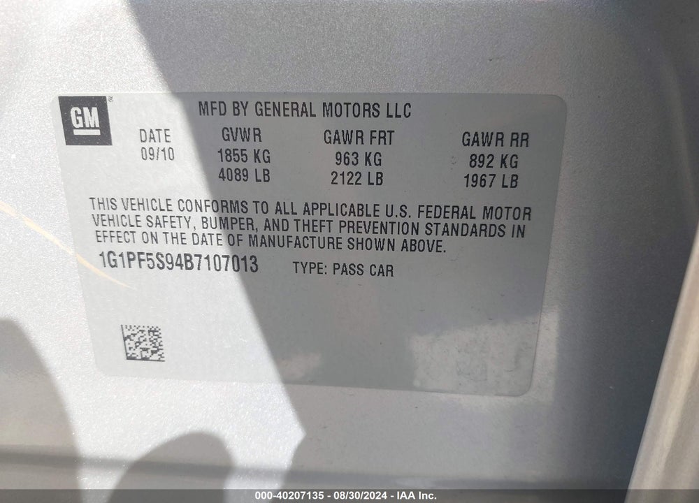 2011 CHEVROLET CRUZE 1LT VIN: 1G1PF5S94B7107013