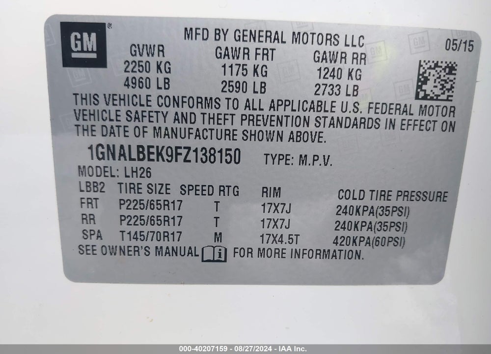 2015 CHEVROLET EQUINOX 1LT VIN: 1GNALBEK9FZ138150