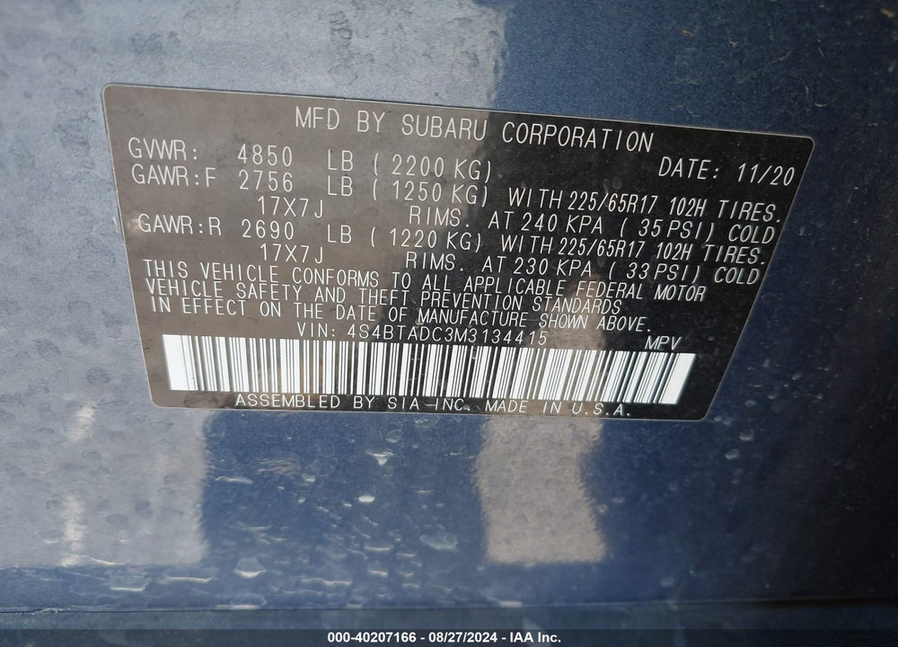 2021 SUBARU OUTBACK PREMIUM VIN: 4S4BTADC3M3134415