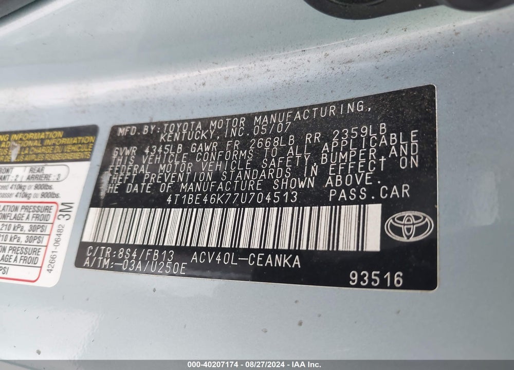 2007 TOYOTA CAMRY LE VIN: 4T1BE46K77U704513
