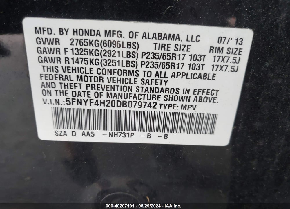 2013 HONDA PILOT VIN: 5FNYF4H20DB079742