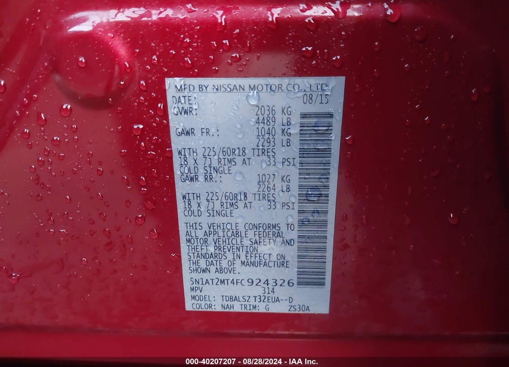 2015 NISSAN ROGUE SL VIN: 5N1AT2MT4FC924326