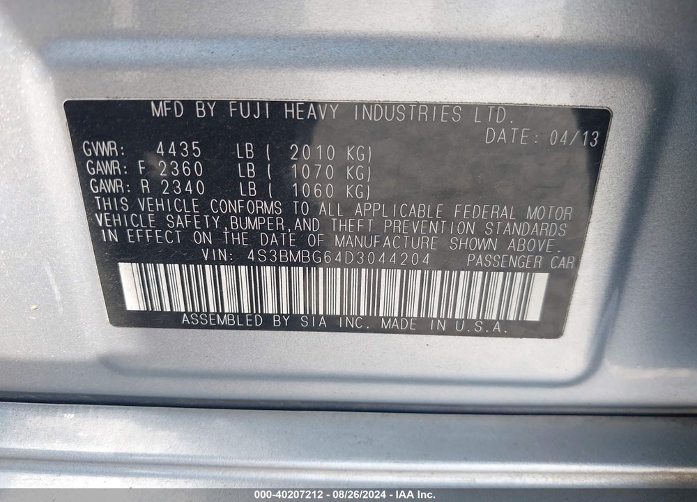 2013 SUBARU LEGACY VIN: 4S3BMBG64D3044204