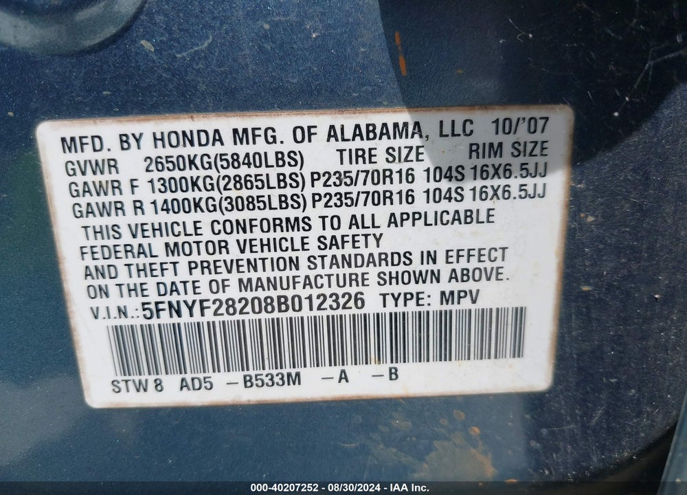 2008 HONDA PILOT VP VIN: 5FNYF28208B012326