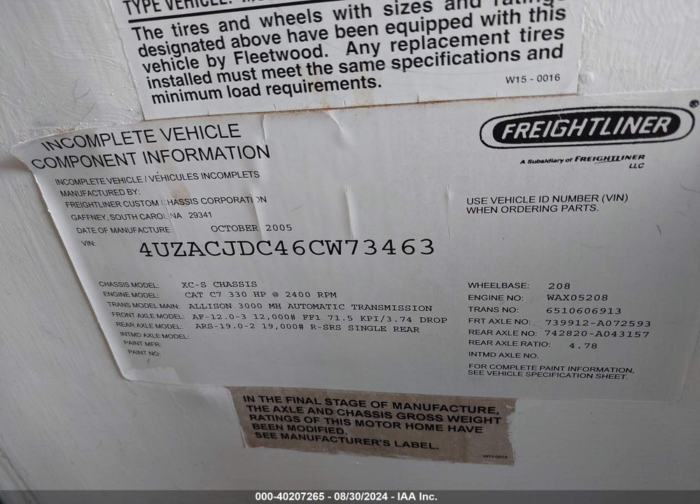 2006 FREIGHTLINER CHASSIS X LINE MOTOR HOME VIN: 4UZACJDC46CW73463