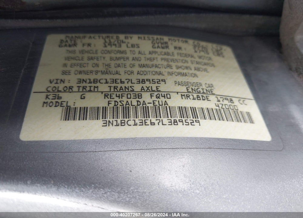 2007 NISSAN VERSA 1.8S VIN: 3N1BC13E67L389529