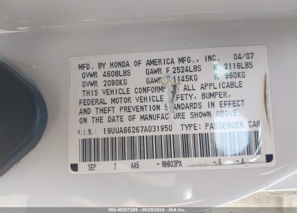 2007 ACURA TL 3.2 VIN: 19UUA66267A031950