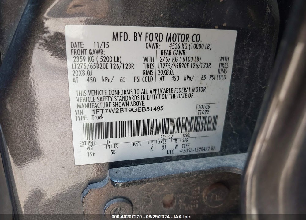2016 FORD F-250 LARIAT VIN: 1FT7W2BT9GEB51495