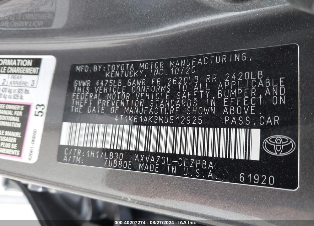 2021 TOYOTA CAMRY XSE VIN: 4T1K61AK3MU512925