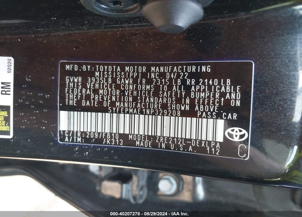 2022 TOYOTA COROLLA LE VIN: 5YFEPMAE1NP329208
