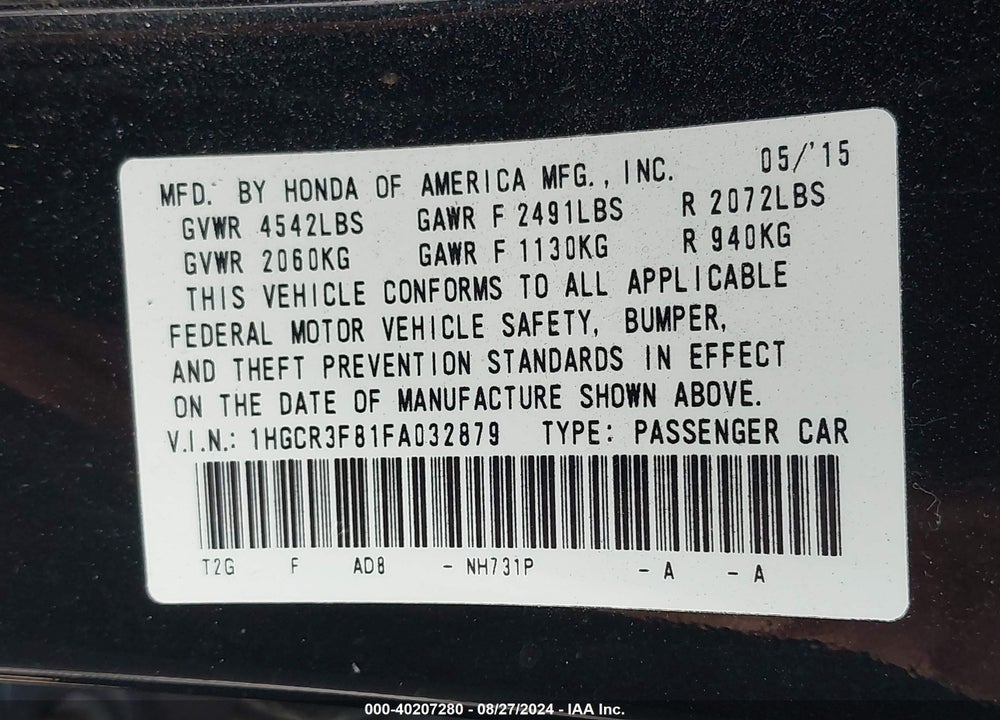 2015 HONDA ACCORD EX-L V-6 VIN: 1HGCR3F81FA032879