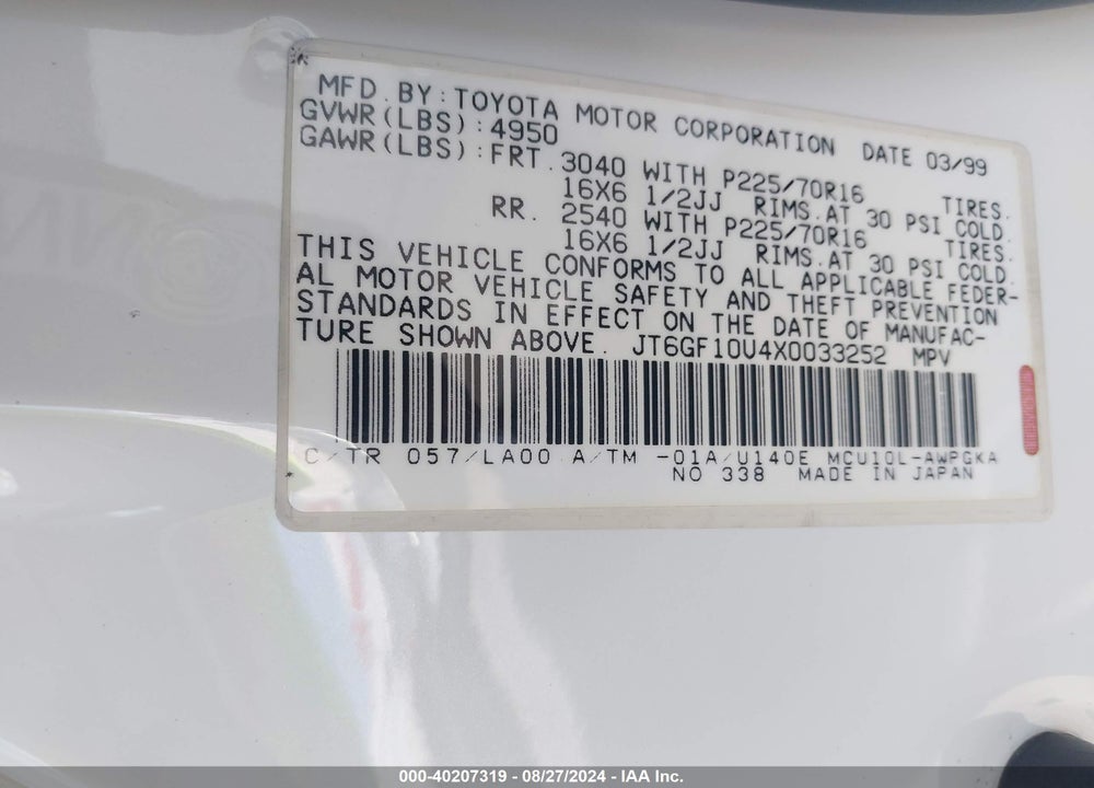 1999 LEXUS RX 300 VIN: JT6GF10U4X0033252