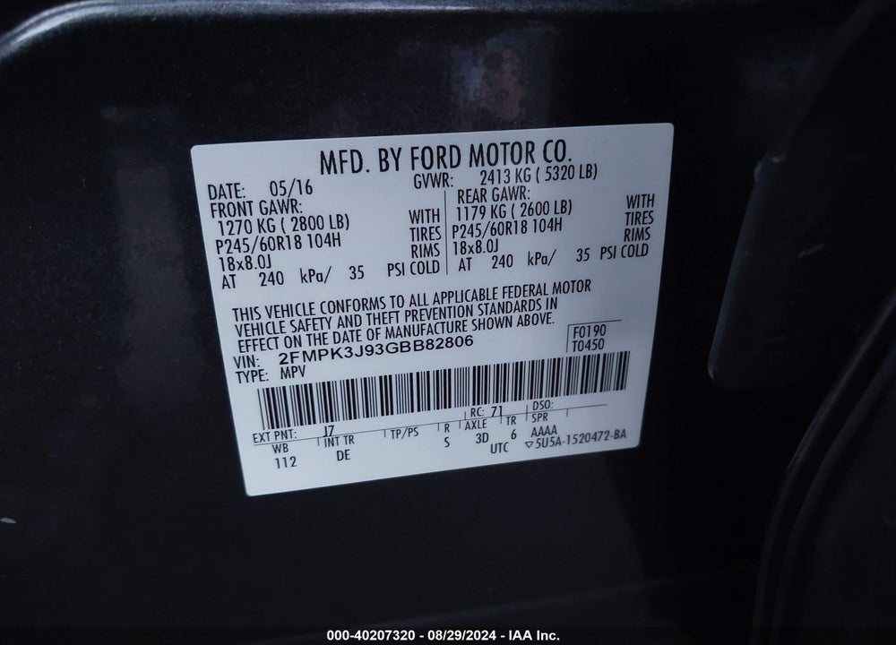 2016 FORD EDGE SEL VIN: 2FMPK3J93GBB82806