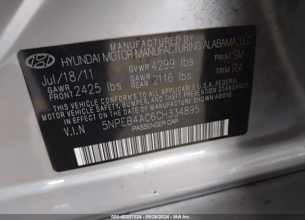 2012 HYUNDAI SONATA GLS VIN: 5NPEB4AC6CH334895