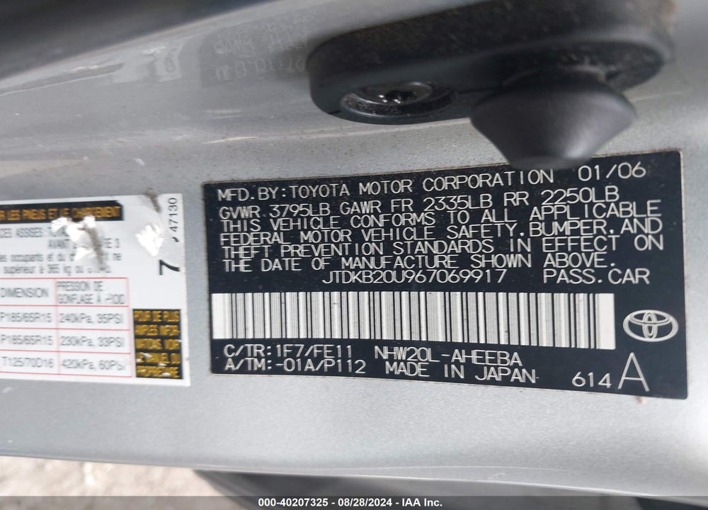 2006 TOYOTA PRIUS VIN: JTDKB20U967069917