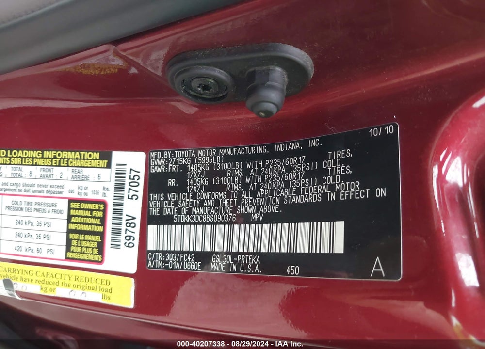 2011 TOYOTA SIENNA LE V6 VIN: 5TDKK3DC8BS090376
