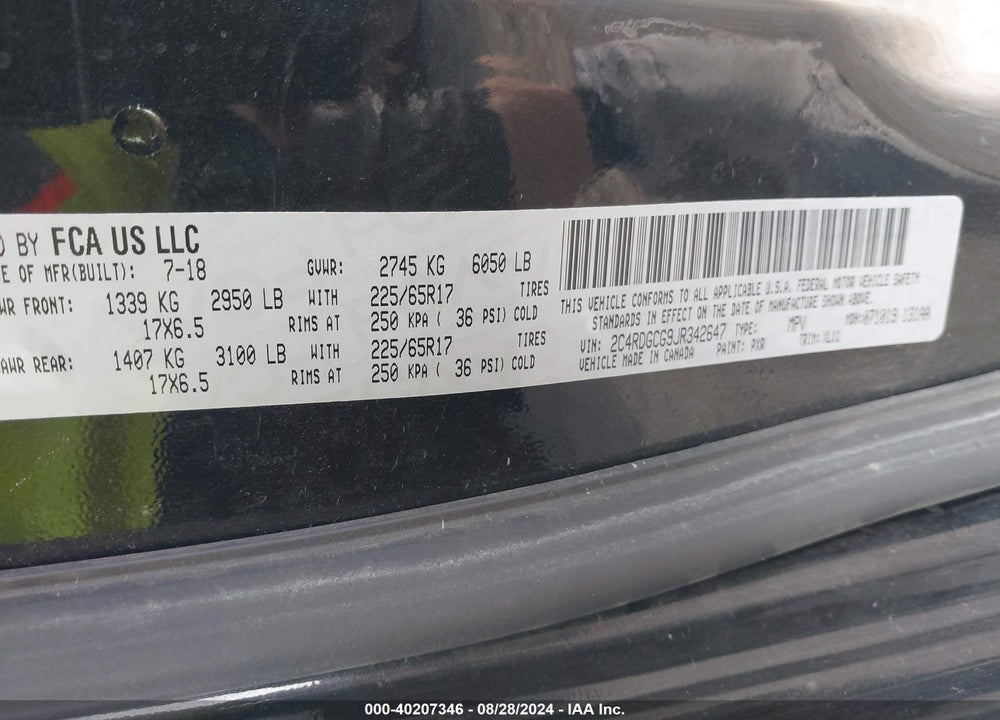 2018 DODGE GRAND CARAVAN SXT VIN: 2C4RDGCG9JR342647