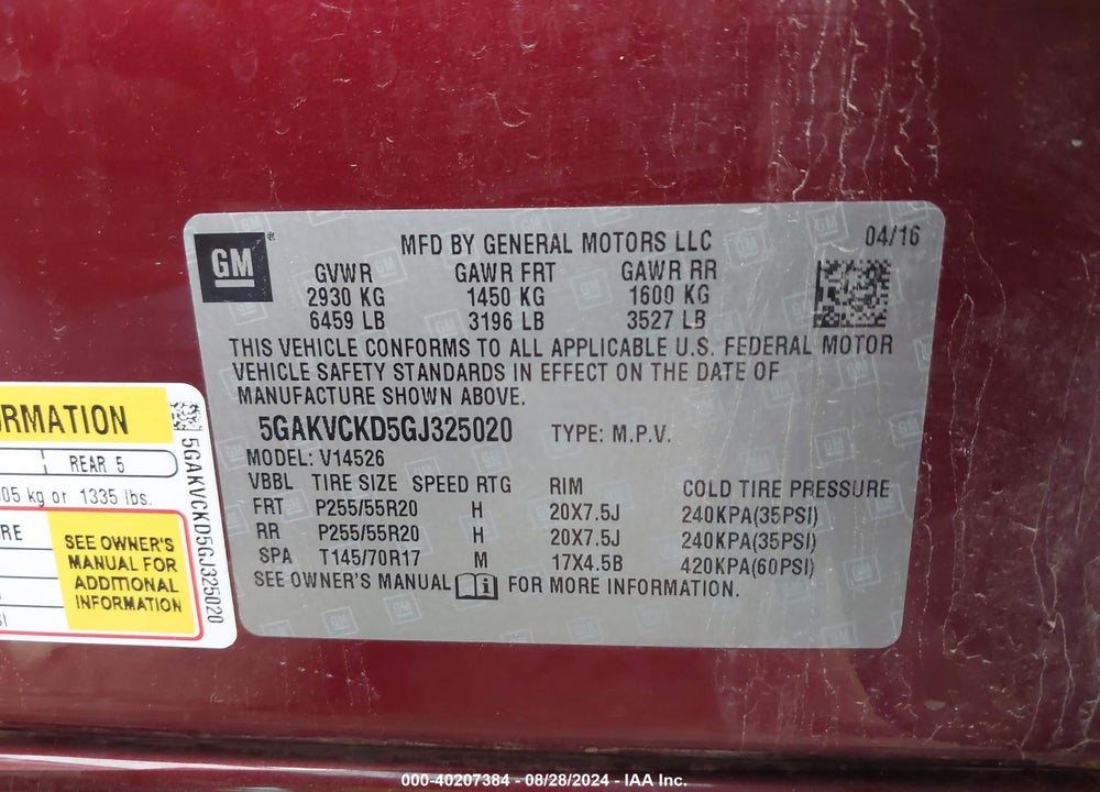2016 BUICK ENCLAVE PREMIUM VIN: 5GAKVCKD5GJ325020
