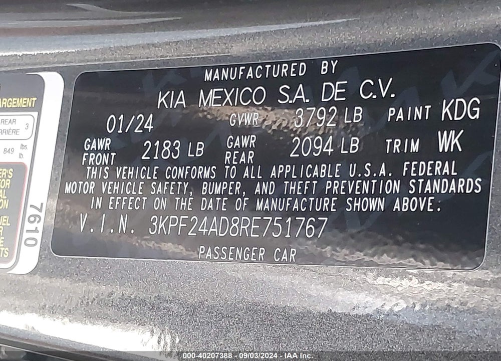 2024 KIA FORTE LXS VIN: 3KPF24AD8RE751767