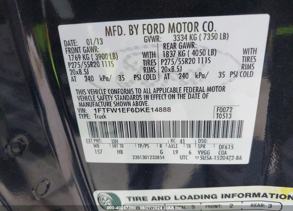 2013 FORD F-150 LARIAT VIN: 1FTFW1EF6DKE14888