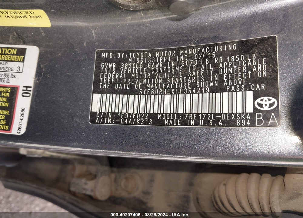 2015 TOYOTA COROLLA S PLUS VIN: 5YFBURHEXFP354219