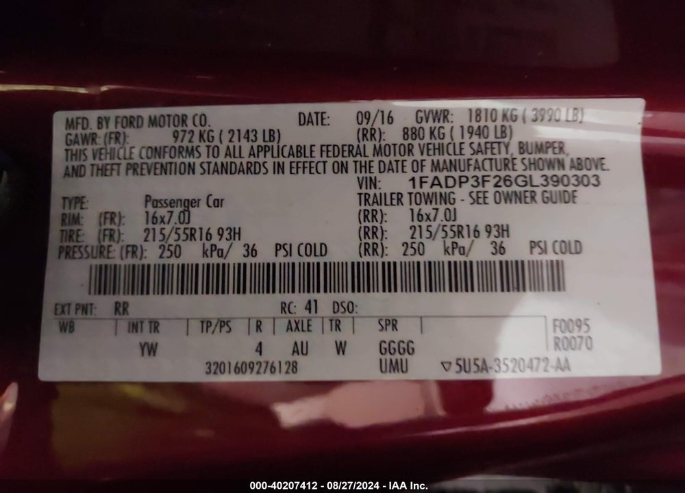 2016 FORD FOCUS SE VIN: 1FADP3F26GL390303