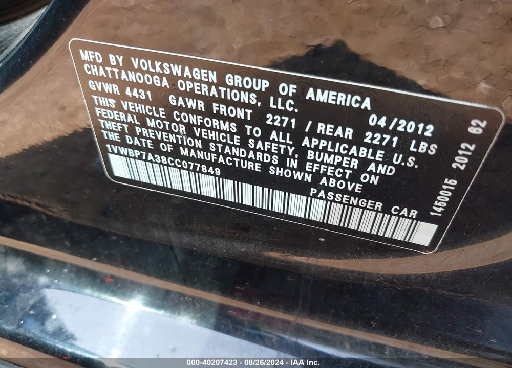 2012 VOLKSWAGEN PASSAT 2.5L SE VIN: 1VWBP7A38CC077849