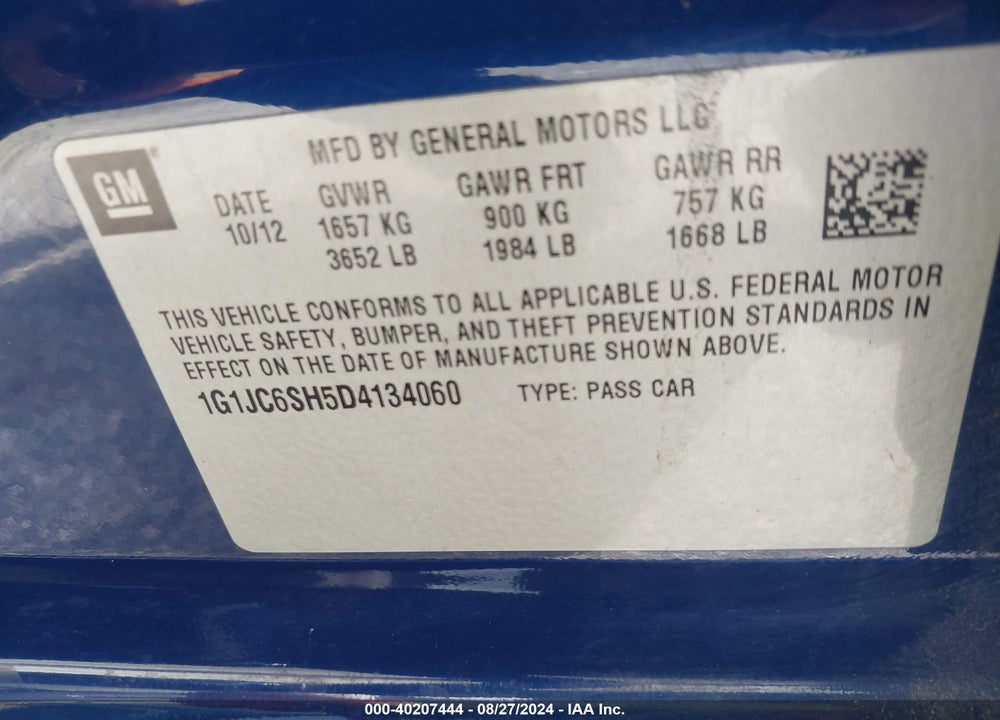 2013 CHEVROLET SONIC LT AUTO VIN: 1G1JC6SH5D4134060