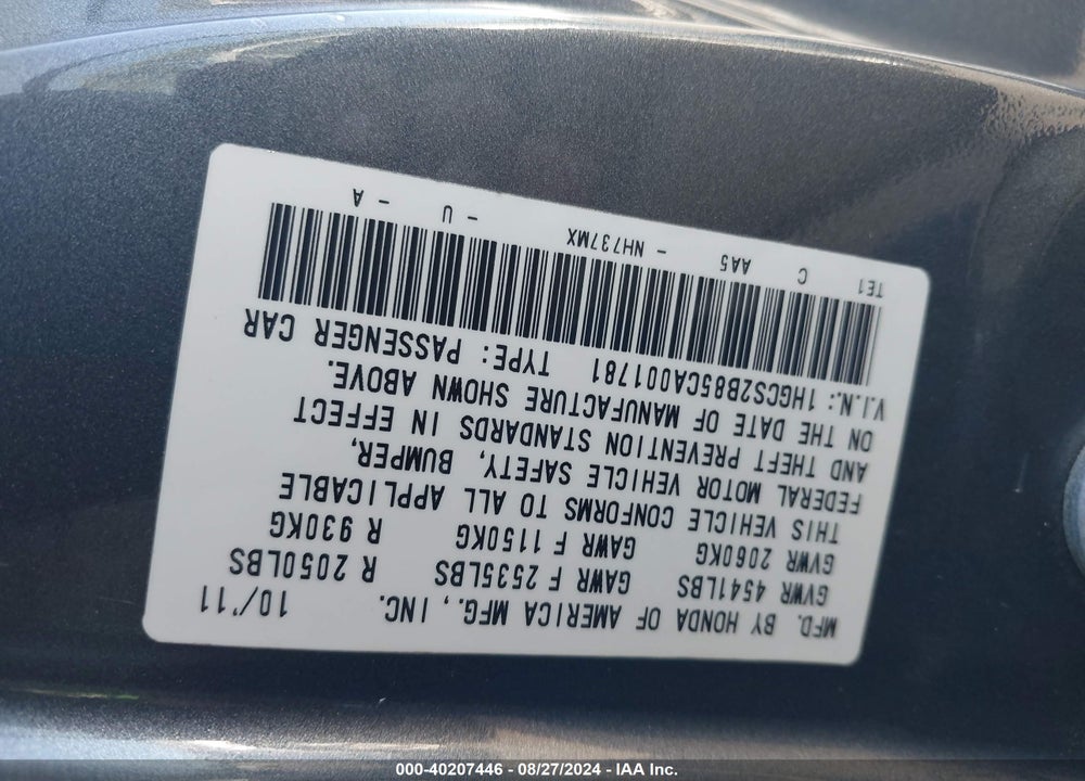 2012 HONDA ACCORD 3.5 EX-L VIN: 1HGCS2B85CA001781