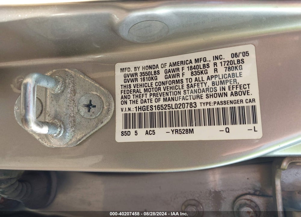 2005 HONDA CIVIC LX VIN: 1HGES16525L020783