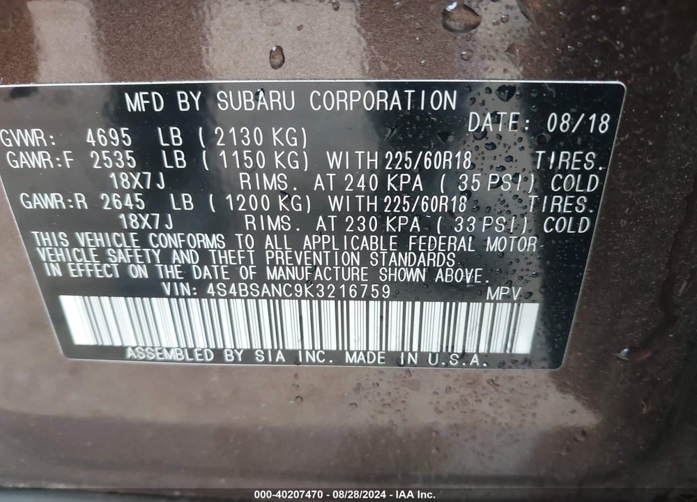 2019 SUBARU OUTBACK 2.5I LIMITED VIN: 4S4BSANC9K3216759