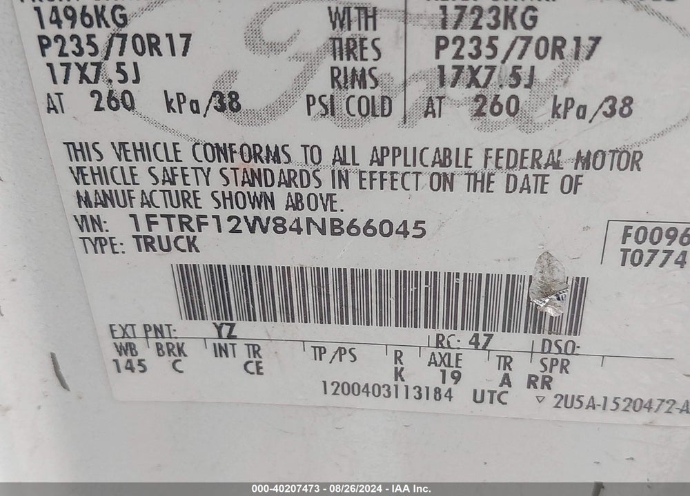 2004 FORD F-150 STX/XL/XLT VIN: 1FTRF12W84NB66045