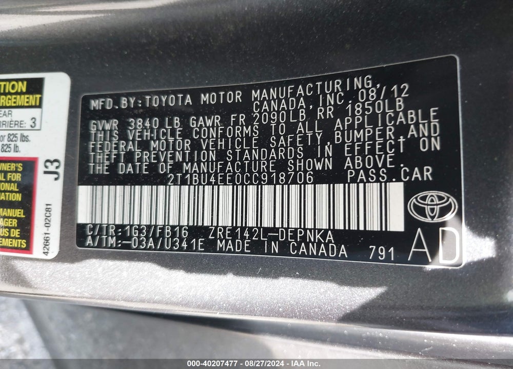 2012 TOYOTA COROLLA VIN: 2T1BU4EE0CC918706