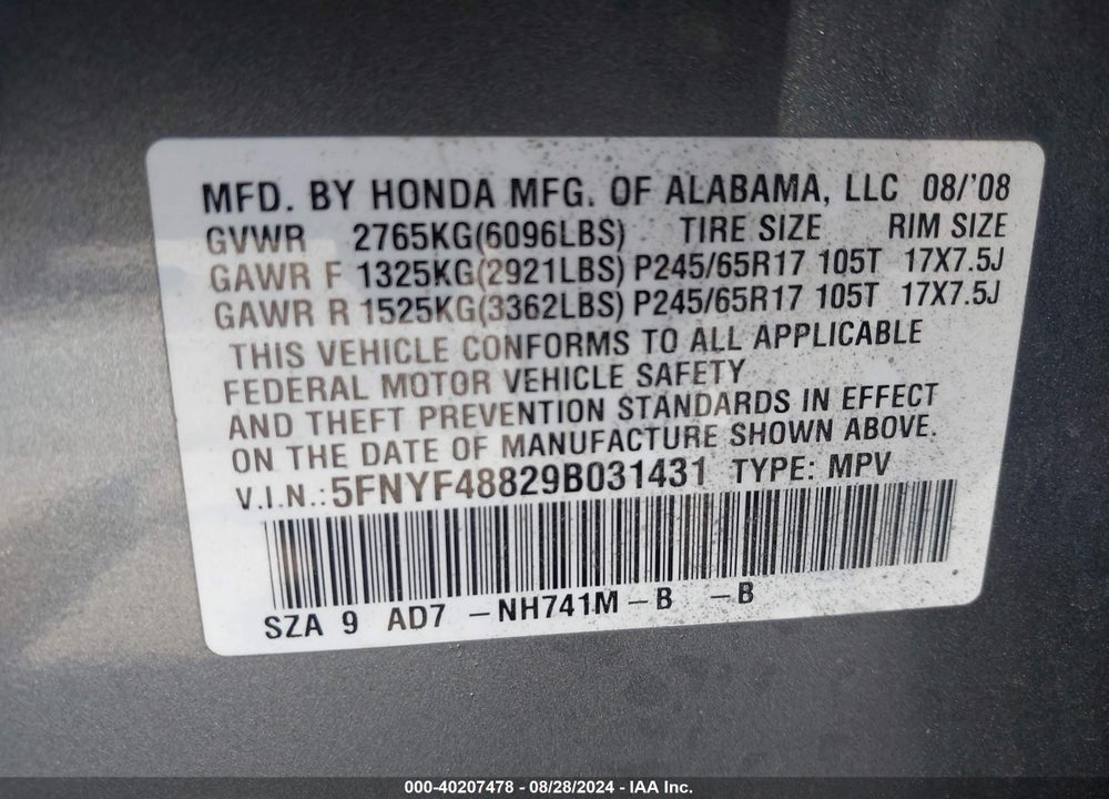 2009 HONDA PILOT TOURING VIN: 5FNYF48829B031431