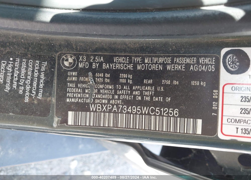 2005 BMW X3 2.5I VIN: WBXPA73495WC51256
