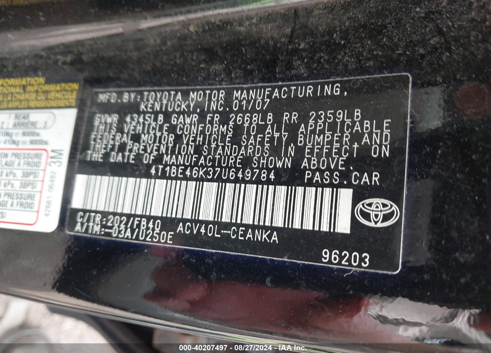 2007 TOYOTA CAMRY LE VIN: 4T1BE46K37U649784