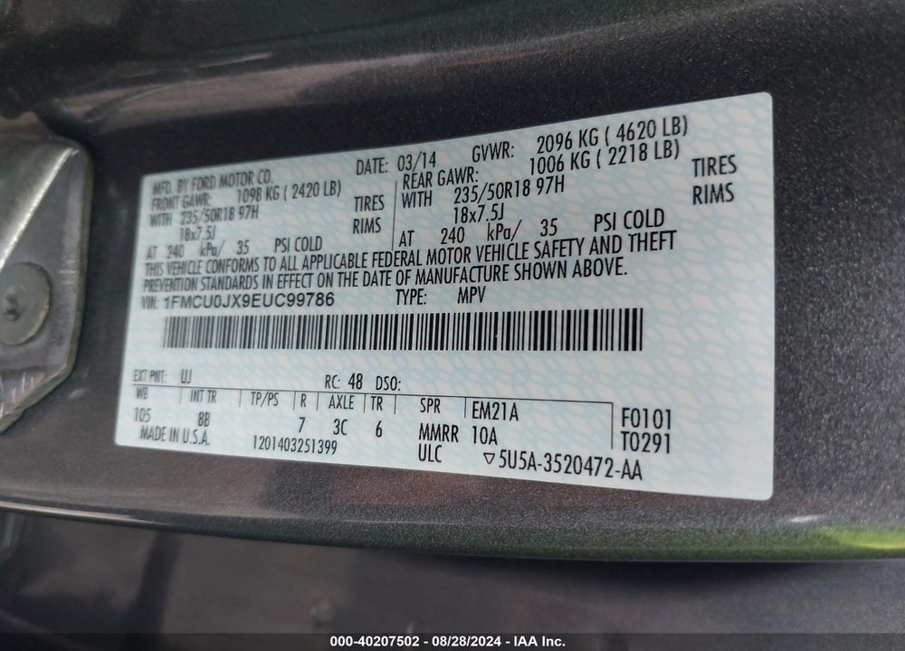 2014 FORD ESCAPE TITANIUM VIN: 1FMCU0JX9EUC99786