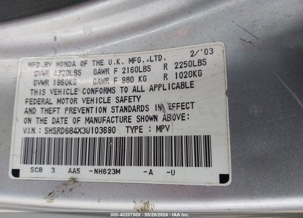 2003 HONDA CR-V VIN: SHSRD684X3U103690