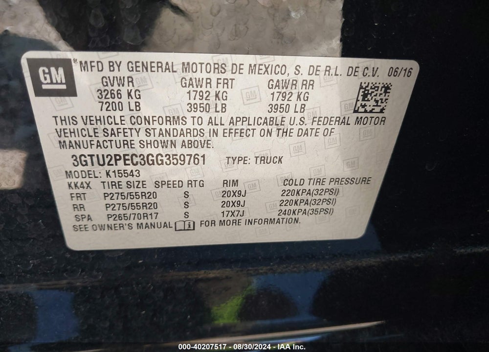 2016 GMC SIERRA 1500 DENALI VIN: 3GTU2PEC3GG359761