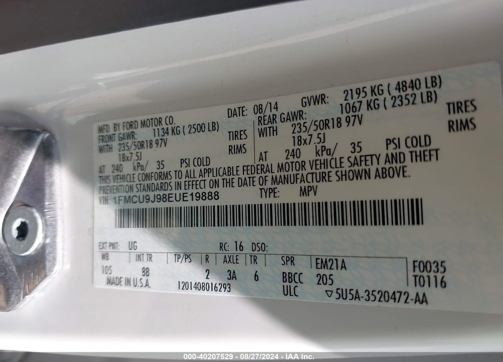 2014 FORD ESCAPE TITANIUM VIN: 1FMCU9J98EUE19888