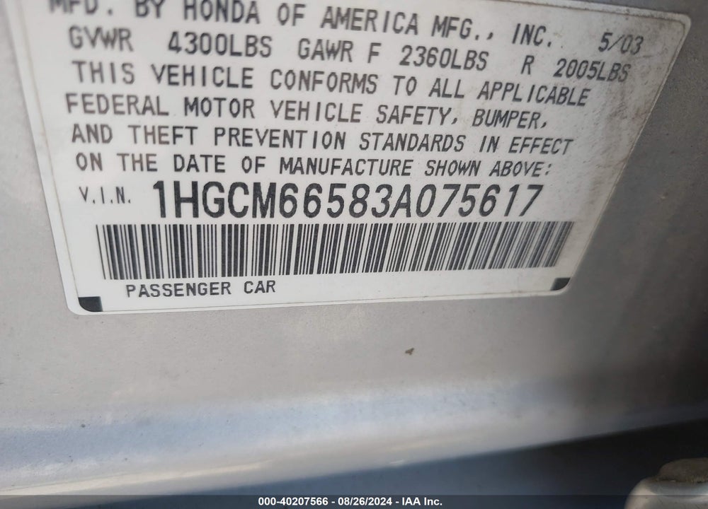 2003 HONDA ACCORD 3.0 EX VIN: 1HGCM66583A075617